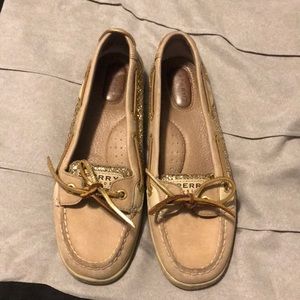 Sperry’s Woman’s sparkly gold and tan boat shoes